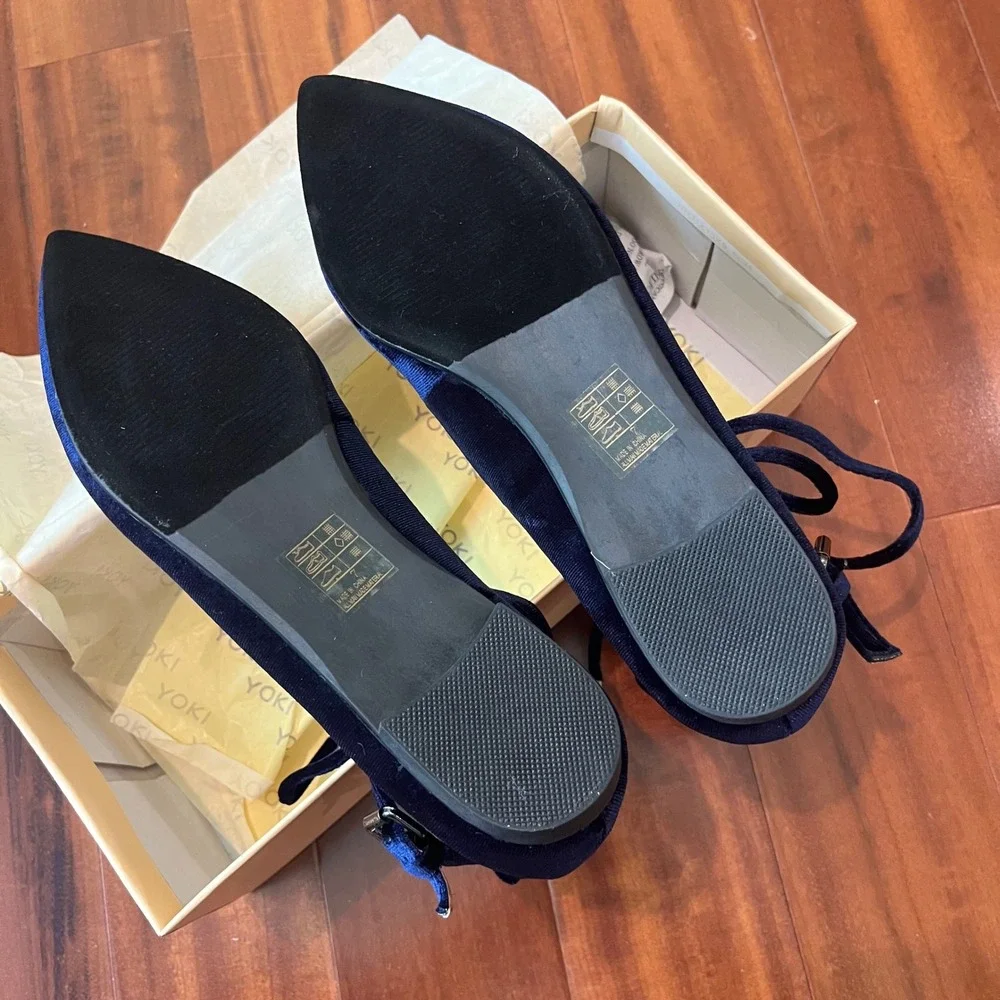 Navy Velvet Ballet Flat Lace Up Pointed‎ Toe Strappy T Yoki Urban-80 New Size 7